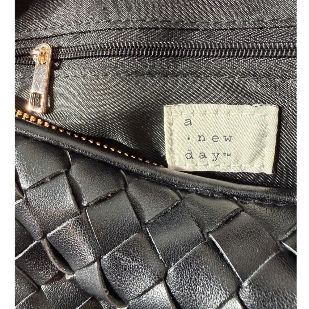A New Day Woven Knot Handle Handbag Women Small Black Faux Leather Hobo Bag